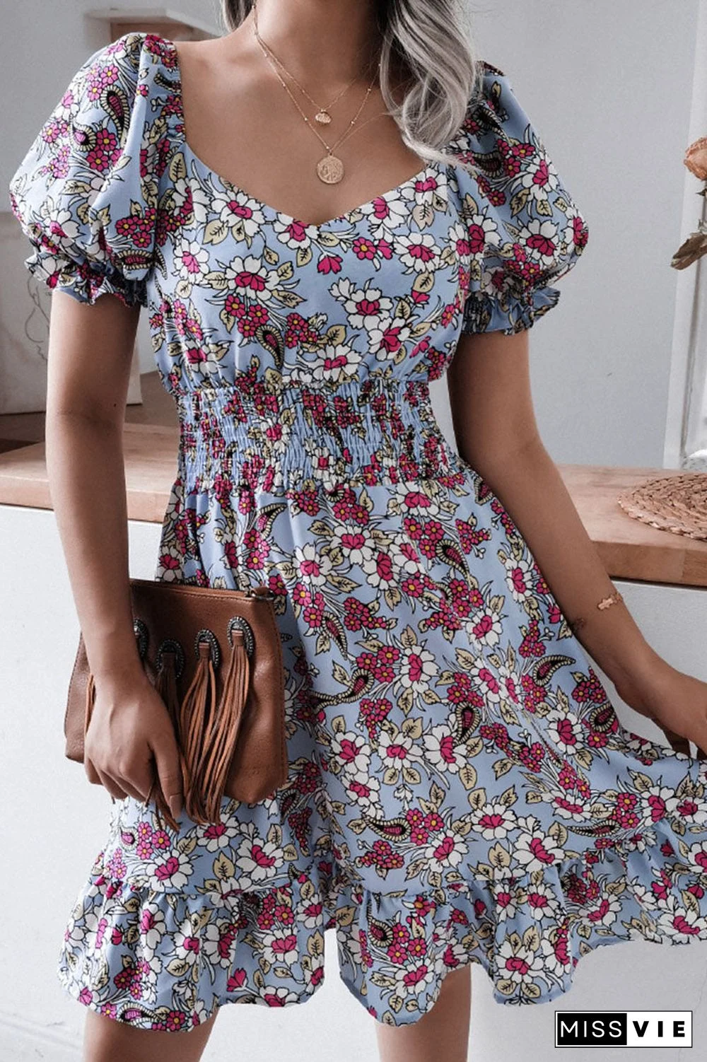 Fashion Casual Print Split Joint Square Collar A Line Dresses