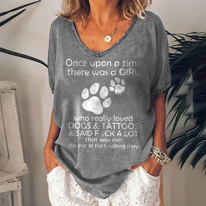 V-Neck Dog Footprint Loose T-Shirt