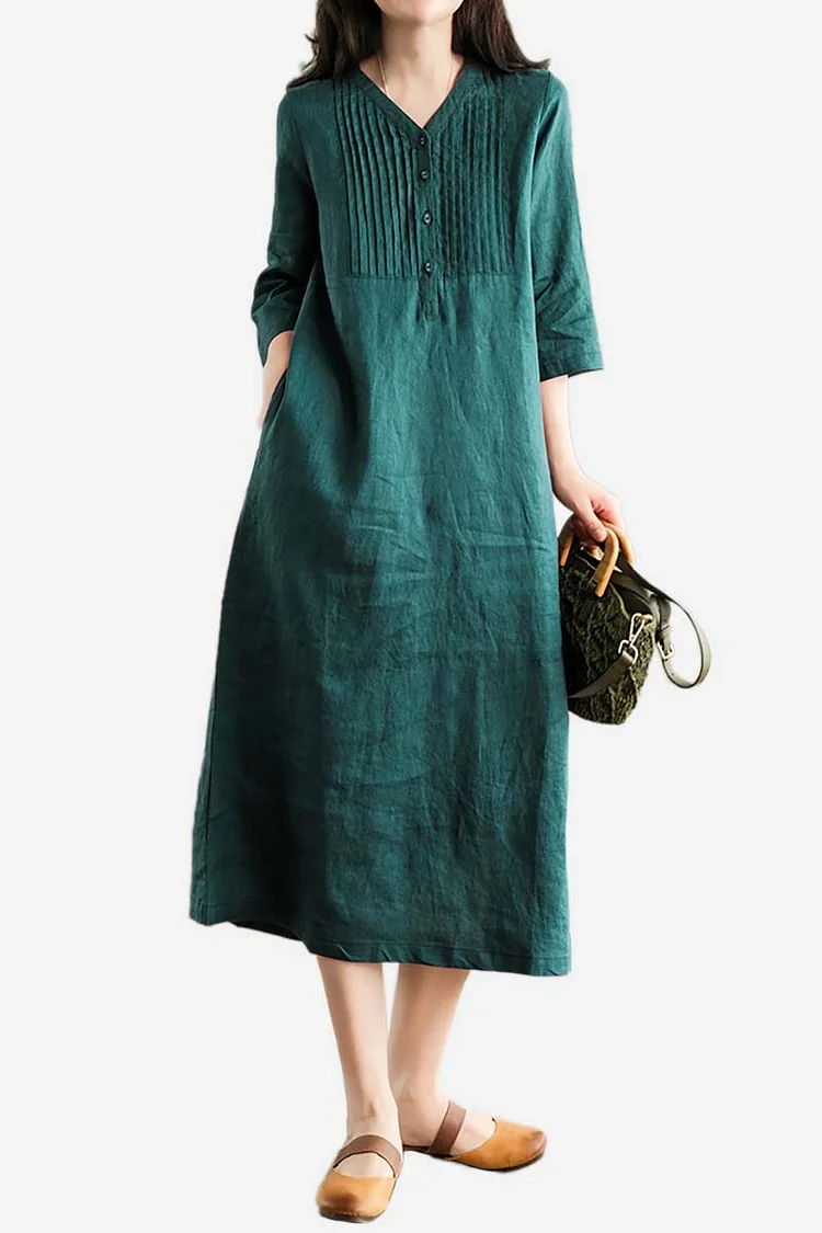 V Neck Pleated Button Linen Half Sleeve Midi Dress