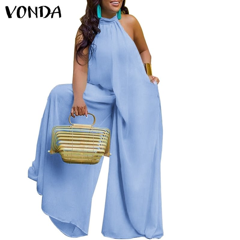 Elegant Office Wide Leg Pants Women'Jumpsuits VONDA 2022 Summer Party Playsuits Sexy Backless Party Overalls Femme Dungaree