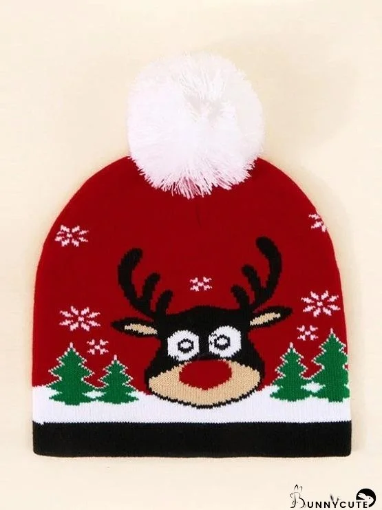 Christmas Elk Pattern Pom Pom Hat for Women