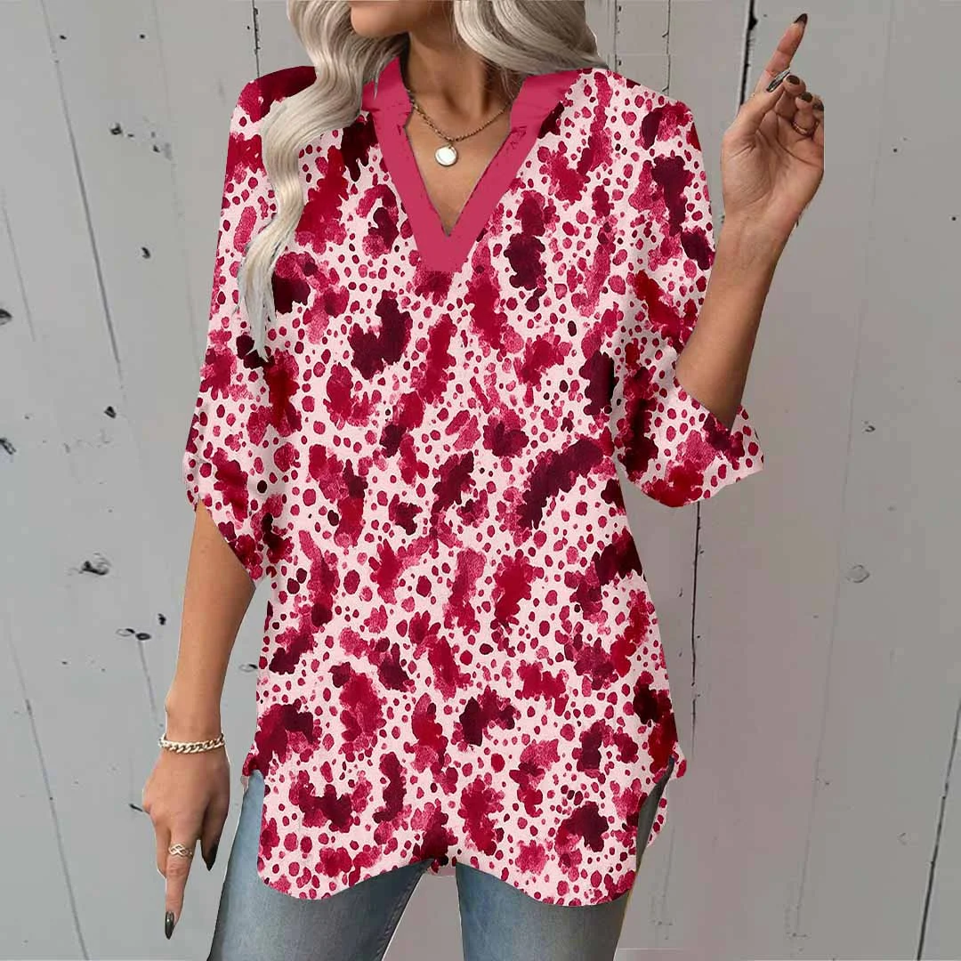 Women Textured, Black, Red DZGA0211 3/4 Sleeve V-neck Printed Graphic Button Tops