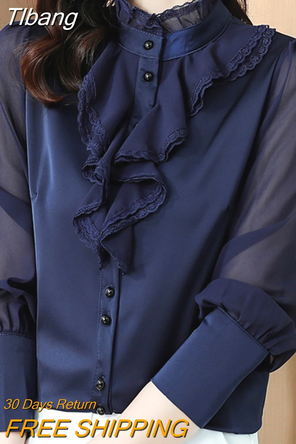 Tlbang Lace Chiffon Women Blouse 2023 OL Youth Women Shirts Fashion Long Sleeve Top Dark Blue Button Female Clothing 20389