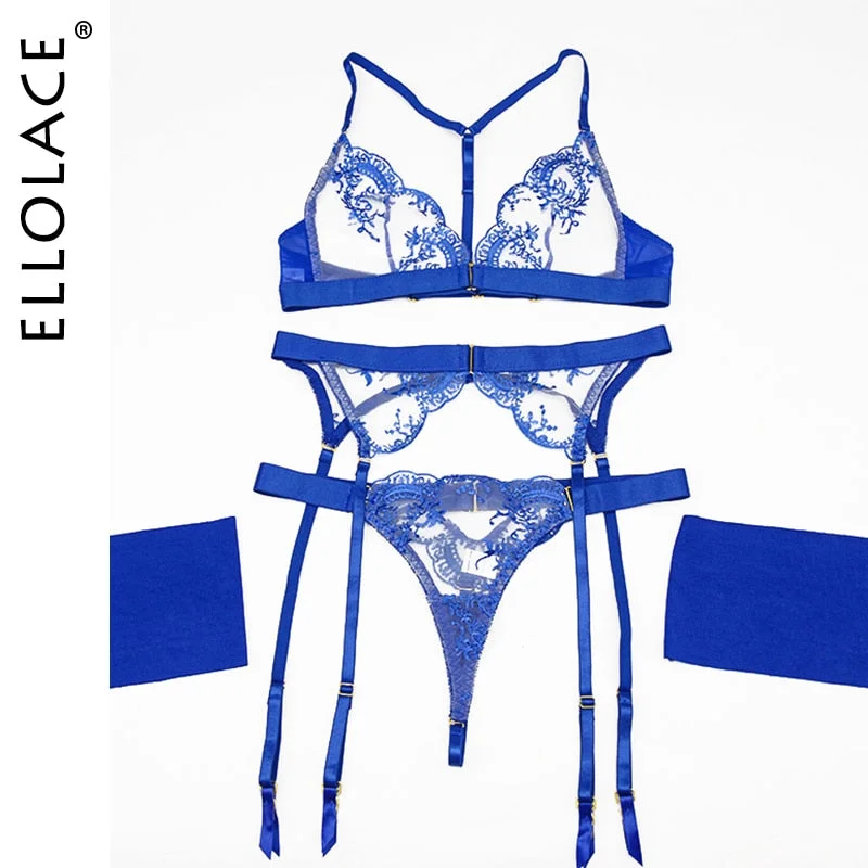 Ellolace Breves Lingerie Brief Sets with Garters Transparent Erotic Underwear Wireless Bra and Thongs Blue Lace Bilizna Set