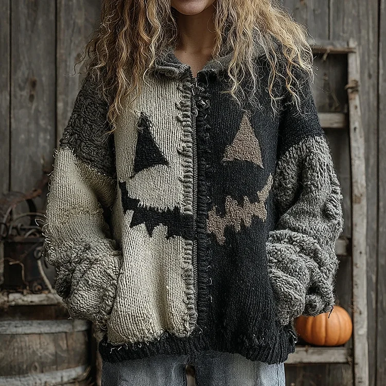 Halloween Pumpkin Face Patchwork Art Cozy Knit Hooded Cardigan