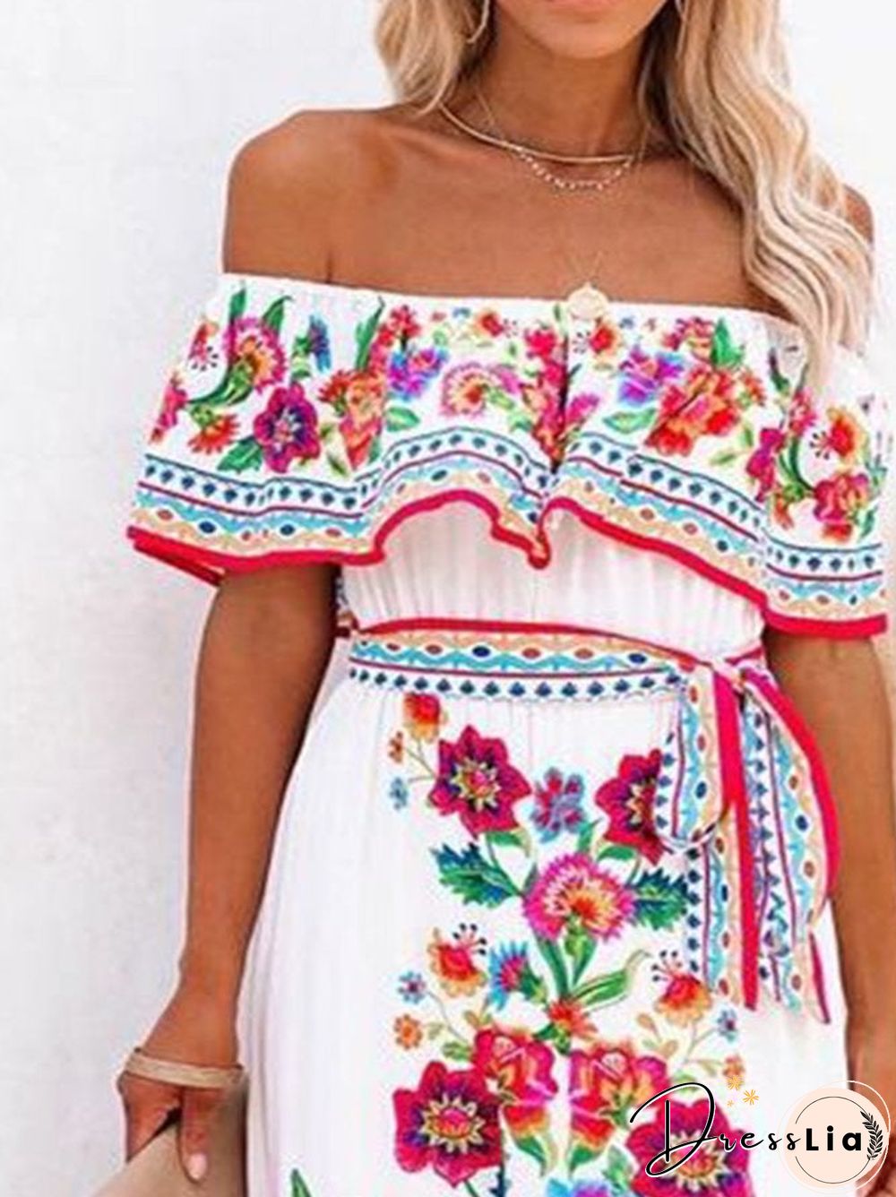 Off Shoulder Floral-Print Swing Cold Shoulder Dresses White Dresses