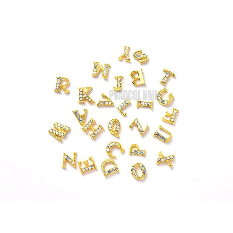 26pcs 3D Nail Art Gold Alphabet Letter Rhinestones Alloy Nail Charms Acrylic Tips Decoration-Nail Inspo