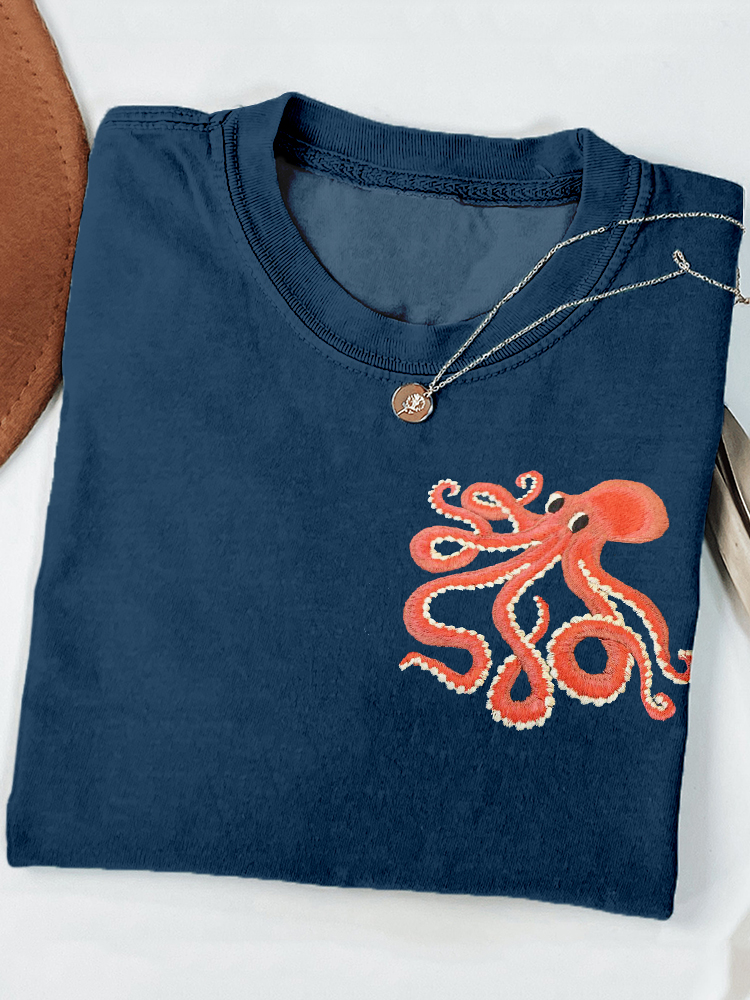 Cute Octopus Embroidered Art Casual Cozy T Shirt wearshes