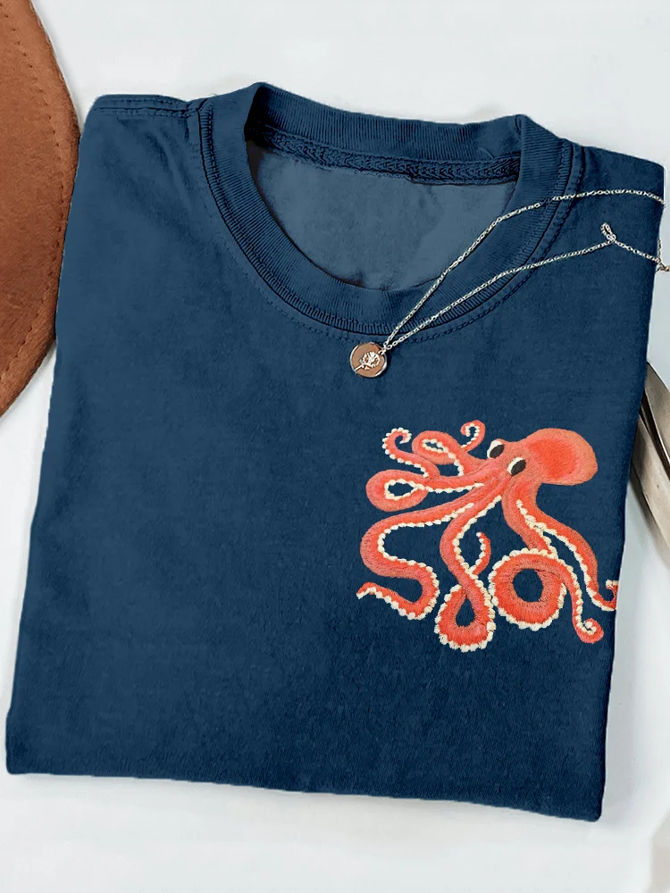 Cute Octopus Embroidered Art Casual Cozy T Shirt