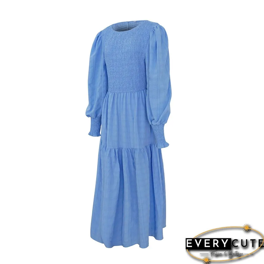 Light Blue Puff Sleeve Pleated Swing Long Dress