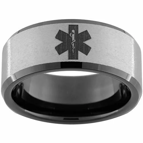 Women's Or Men's Doctor / EMS / Paramedical Emergency Medical Tech Tungsten Carbide Wedding Band Rings,Duo Tone Black and Silver with Laser Etched Logo Ring With Mens And Womens For Width 4MM 6MM 8MM 10MM