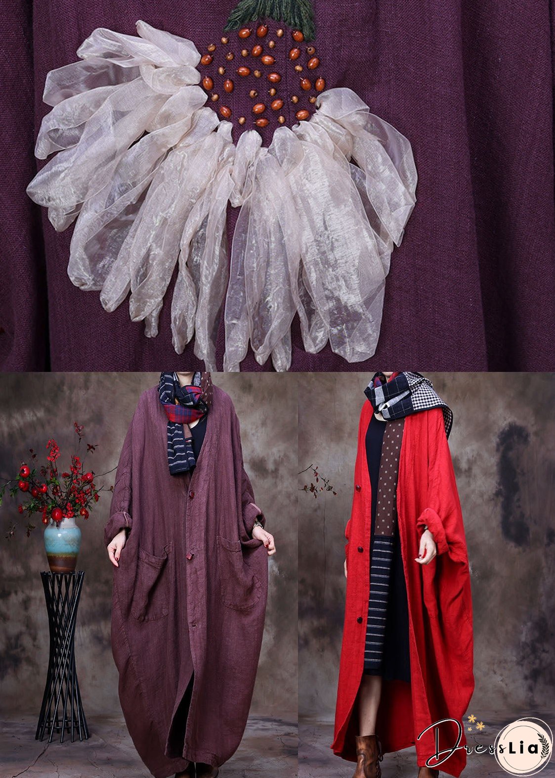 Plus Size Purple V Neck Floral Linen Coat Outwear Long Sleeve