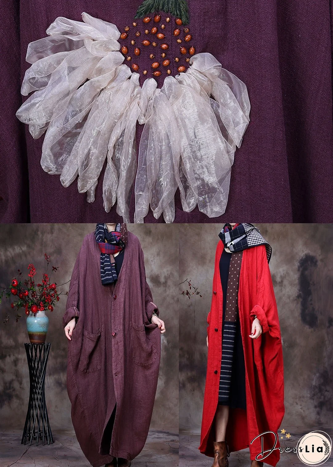 Plus Size Purple V Neck Floral Linen Coat Outwear Long Sleeve