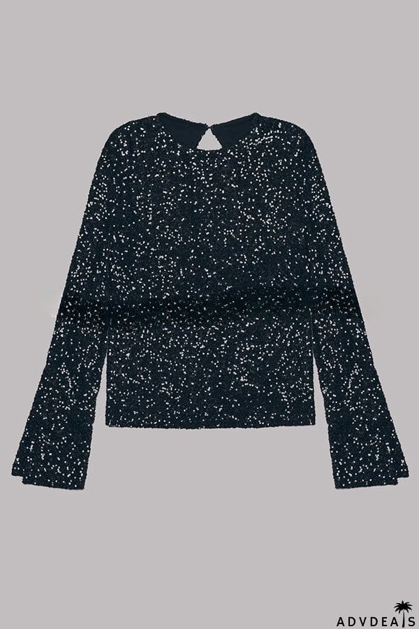 Exclusive Party Sequin Extra Long Slit Sleeves Open Back Top