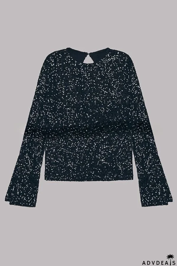 Exclusive Party Sequin Extra Long Slit Sleeves Open Back Top