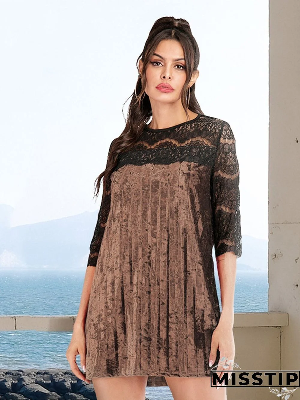 Round Neck Lace Hollow Valvet Shift Dress