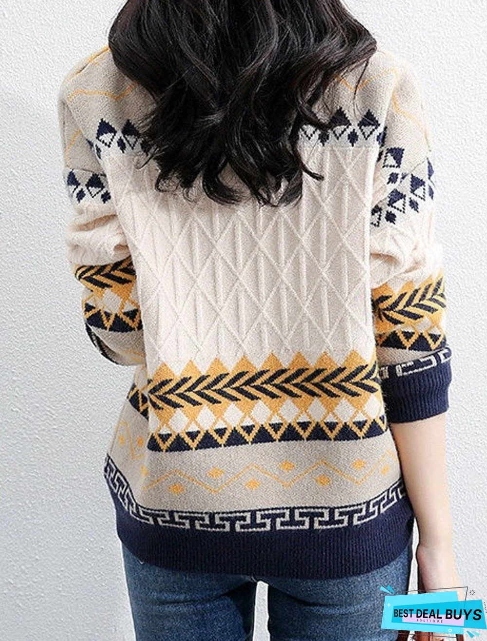 Fall/Winter Round Neck Retro Color Block Knitted Sweater
