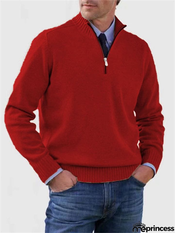 Men's Fall V Neck Half Zip Warm Knit Sweater