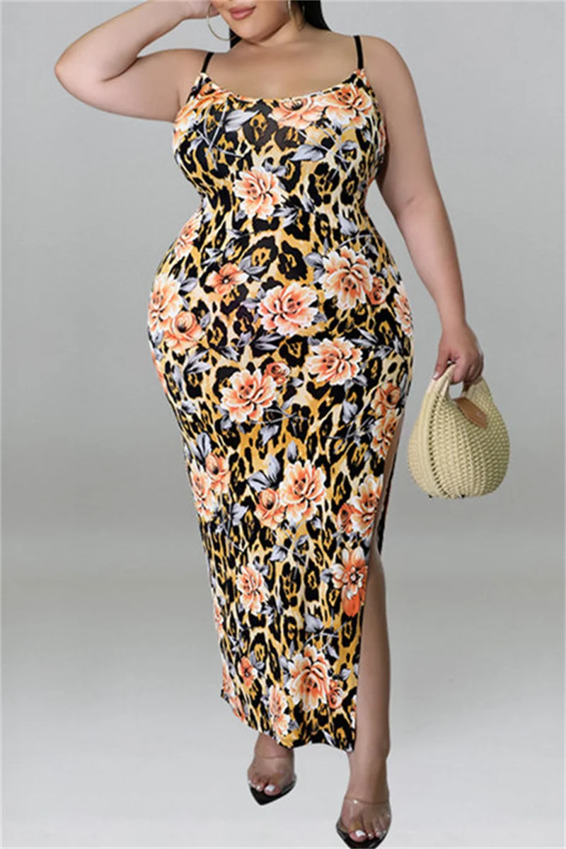 Orange Fashion Sexy Plus Size Print Backless Slit Spaghetti Strap Long Dress | EGEMISS