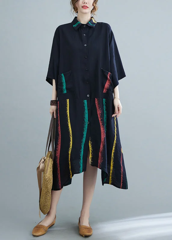 Style Black Striped Patchwork Maxi Shirts Dresses Summer