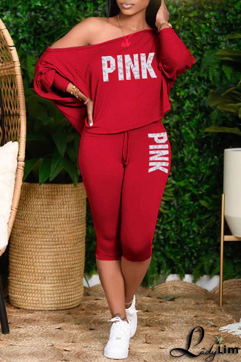 Pink Fashion Casual Letter Print Basic Oblique Collar Long Sleeve Two Pieces