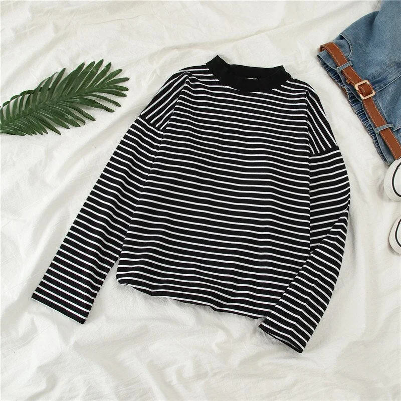 Hirsionsan T Shirt Women Striped Full Sleeve Patchwork Pullover Spring Basic Clothes Kawaii Loose Tops Streetwear Female O-neck