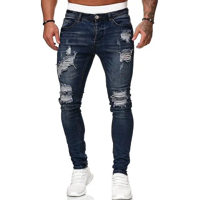 Men's Vintage Denim Ripped Straight Jeans Stacked Ripped