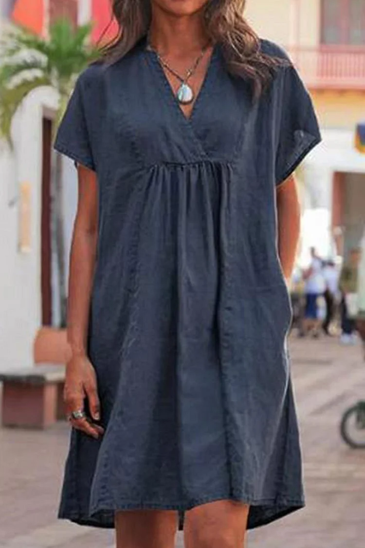 Casual Solid Patchwork V Neck Short Sleeve Dress Dresses(5 Colors)