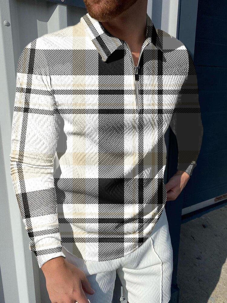 men's casual striped printed polo long sleeves