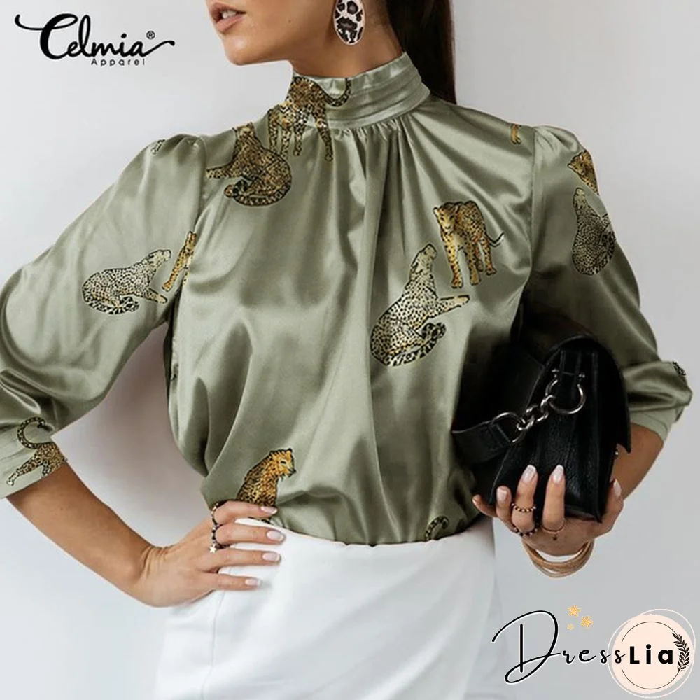 Celmia Women Long Sleeve Stand Collar Shirt Animal Print Tops Elegant Casual Loose Blouses Plus Size