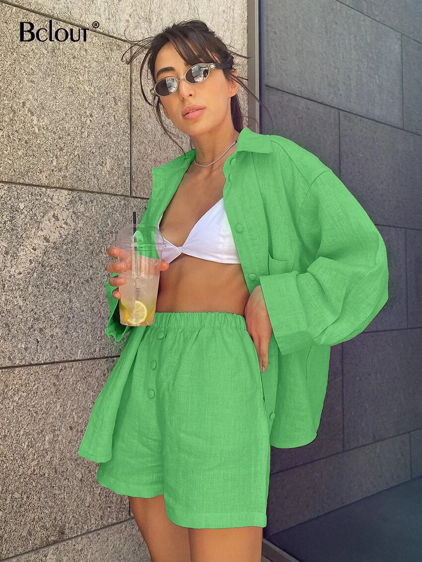 Bclout Summer Linen Shorts Sets Woman 2 Pieces Green Long Sleeve  Shirts Casual Elastic Waist Shorts Outfits Vacation Women 2022