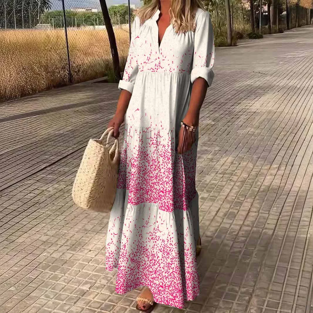 Women Polka Dot, Red DZDN0470 SPU Printed Long Sleeve V-neck Maxi Dress