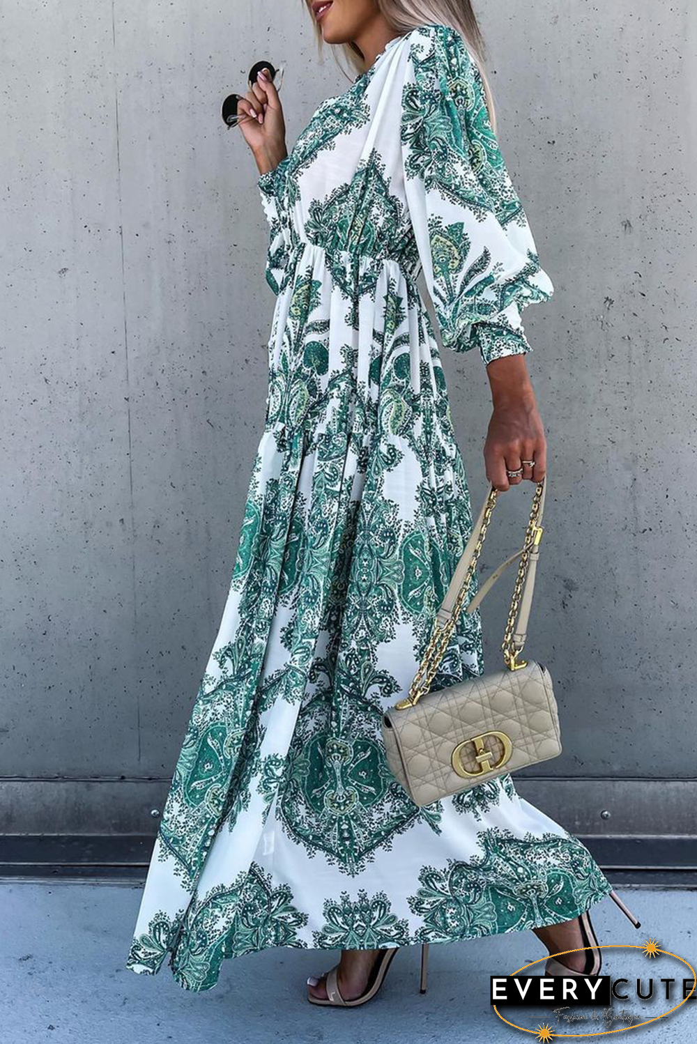 Elegant Print Split Joint Buckle V Neck Dresses