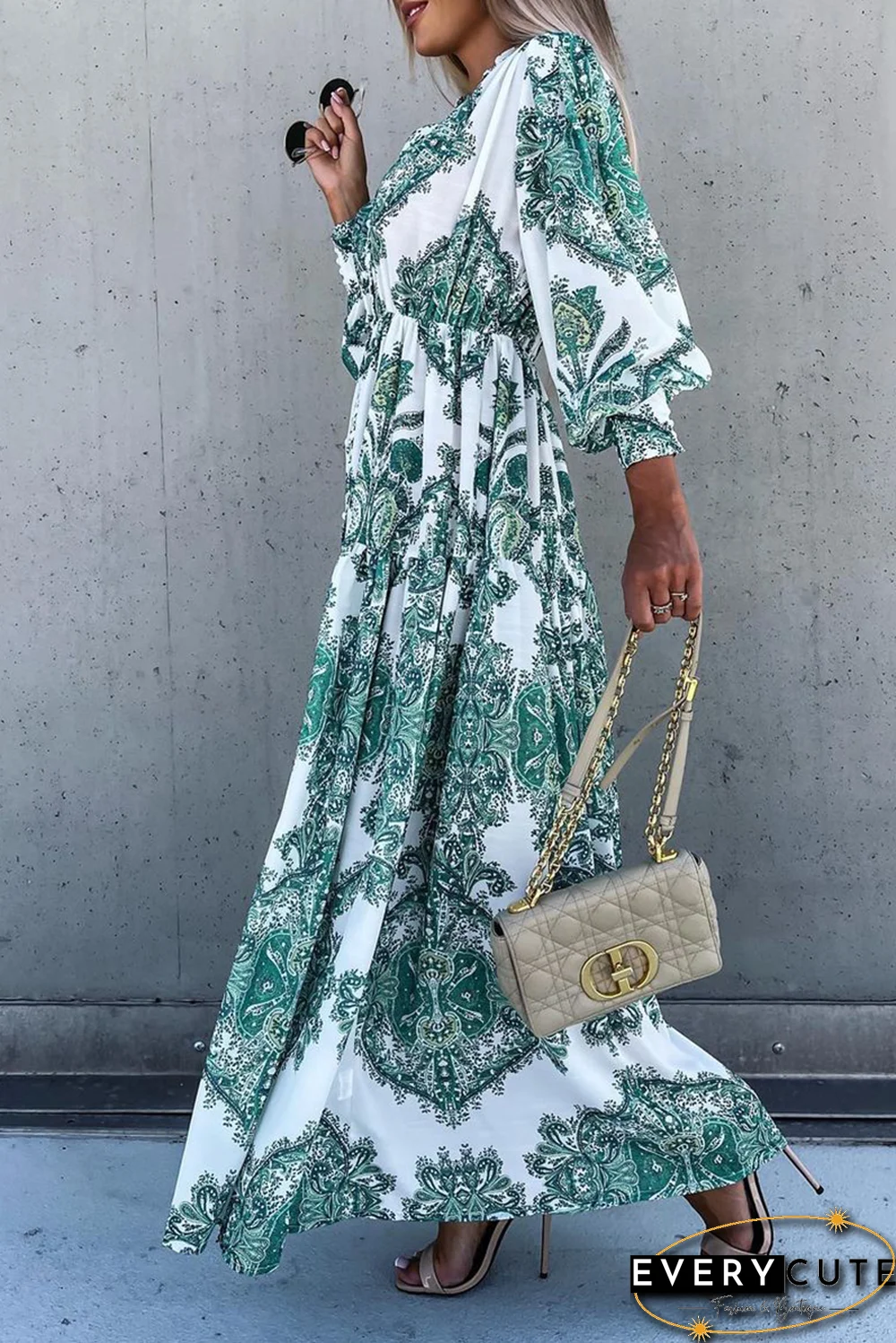 Elegant Print Split Joint Buckle V Neck Dresses