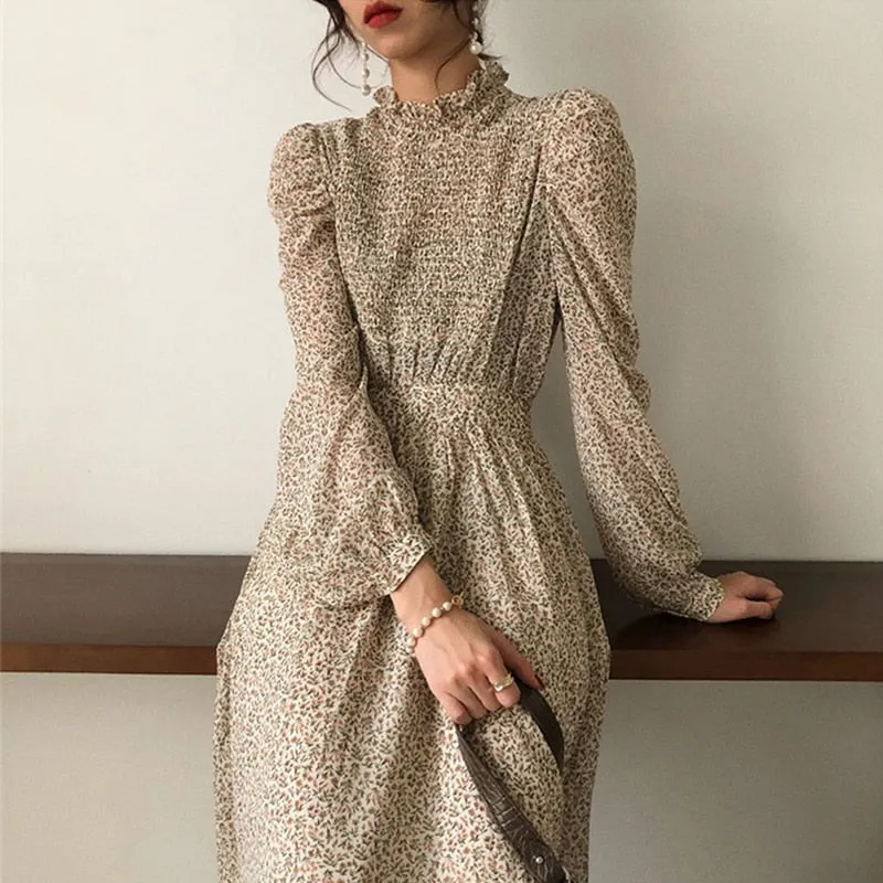 BGTEEVER Vintage Stand Collar Ruched Sleeve A-line Dress Women Floral Print Elastic Waist Female Dress Spring Vestidos femme 202