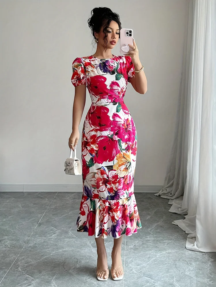 Women's Vibrant Floral Print Sheath Dress - Elegant Sleeveless, Short Sleeve, Zipper-Front, Regular Fit, Long Length Dress For Spring/Summer/Fall, Floral Dress | Vibrant Print Dress | Zipper Front Dress