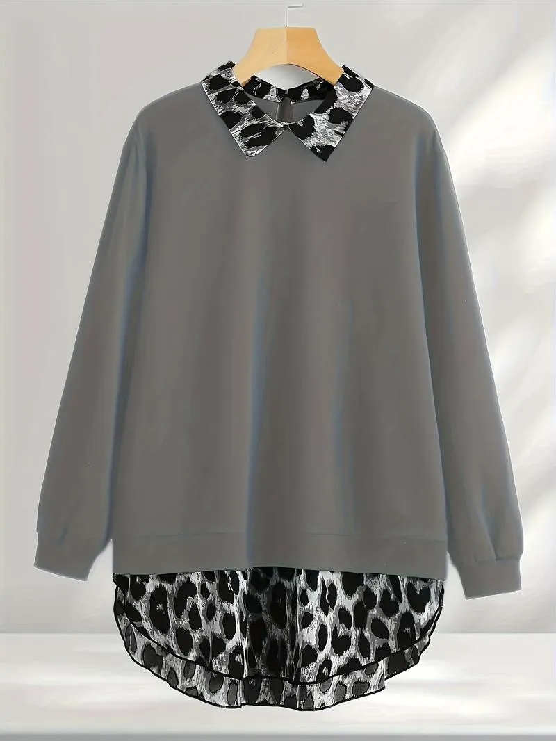 【Plus Size】 Leopard Print Curved Hem Pullover Sweatshirt, Casual Long Sleeve Sweatshirt for Fall & Winter, Women's Clothing for Daily Wear