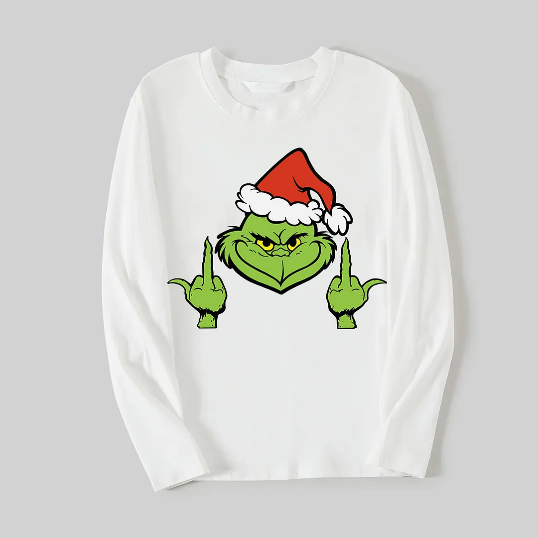 Christmas Green Cartoon Character With Santa Hat Pattern Print White Long-sleeved Top Red&Green Plaid Pants Family Matching Pajamas