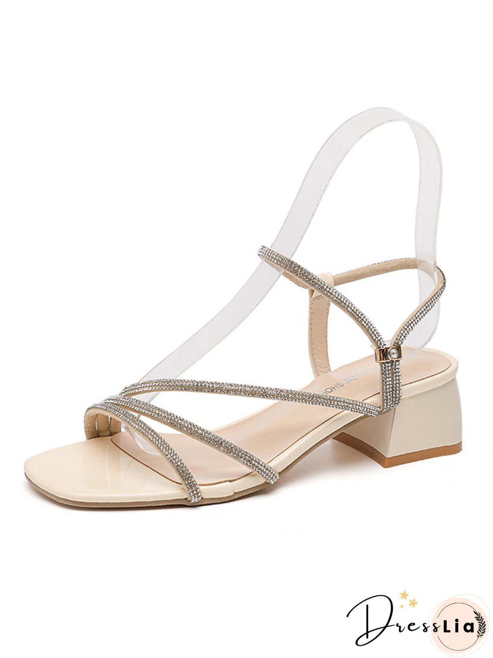 Rhinestone Thin Strap Chunky Heel Sandals