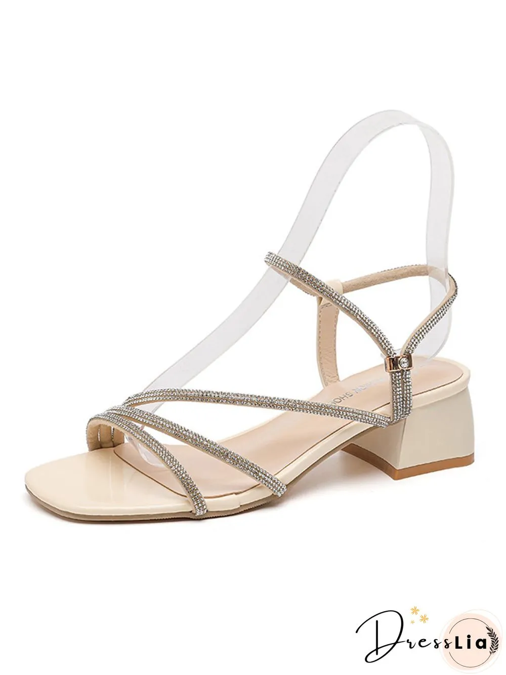 Rhinestone Thin Strap Chunky Heel Sandals