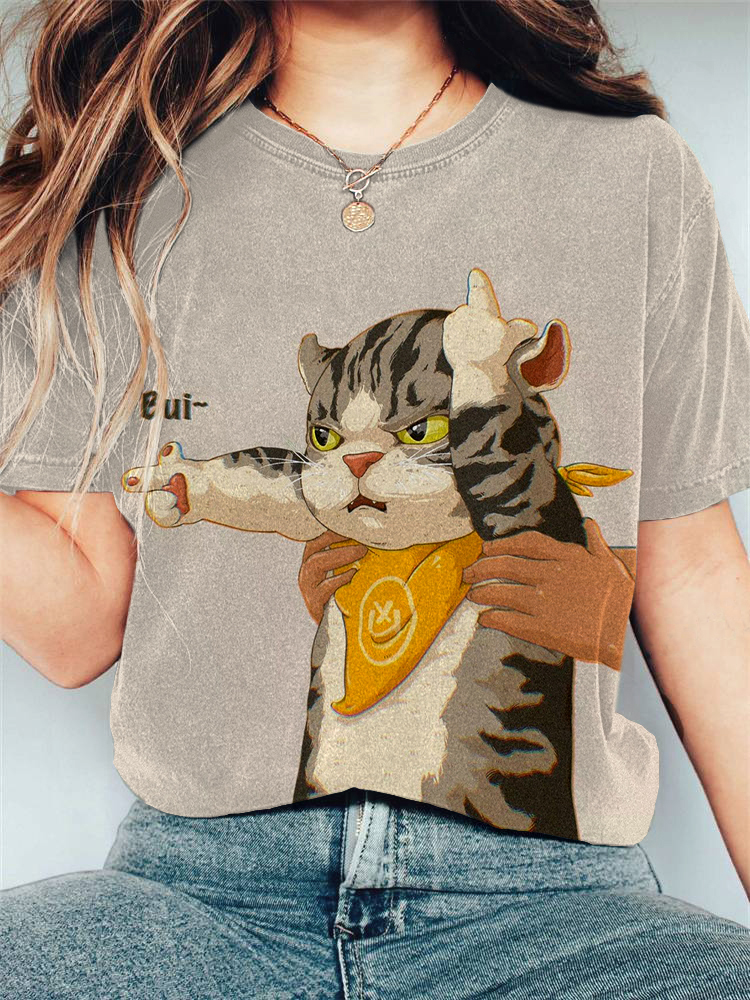 Comstylish Japanese Art Cat Print Cotton Blend T-Shirt