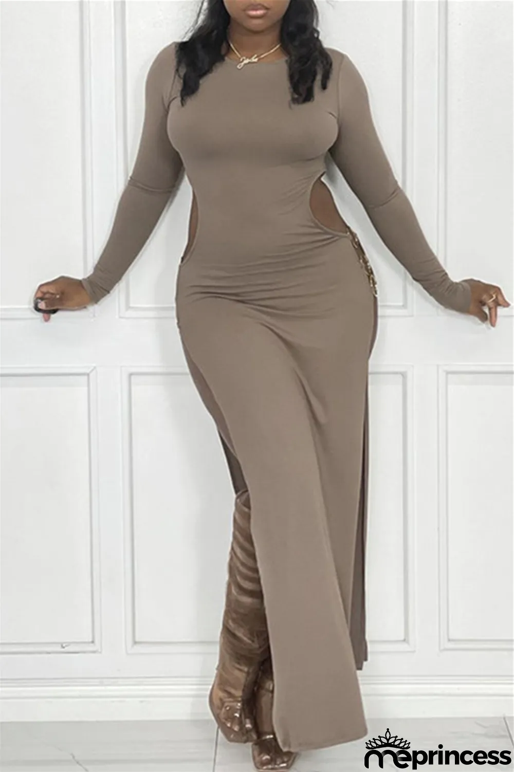 Black Sexy Casual Solid Hollowed Out Slit O Neck Long Sleeve Dresses