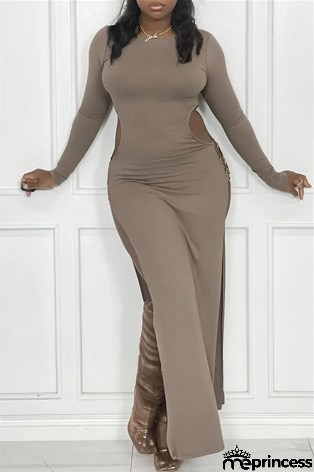 Black Sexy Casual Solid Hollowed Out Slit O Neck Long Sleeve Dresses