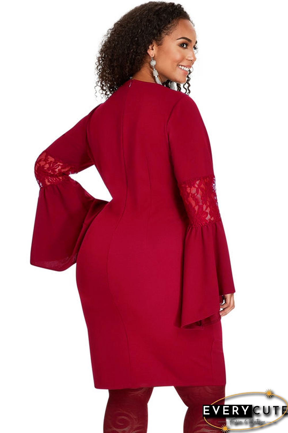 Purplish Red Lace Bell Sleeve Sheath Plus Size Dress
