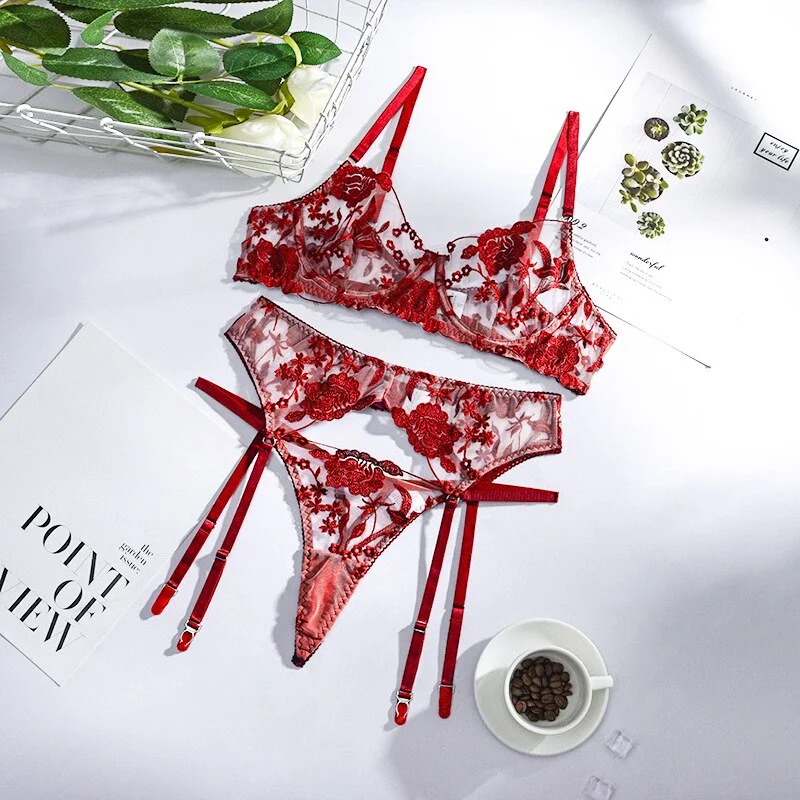 Yimunancy 3 Pcs Lace Bra Set Transparent Bra Underwire + Panty Sexy Lingerie Set Underwear Set