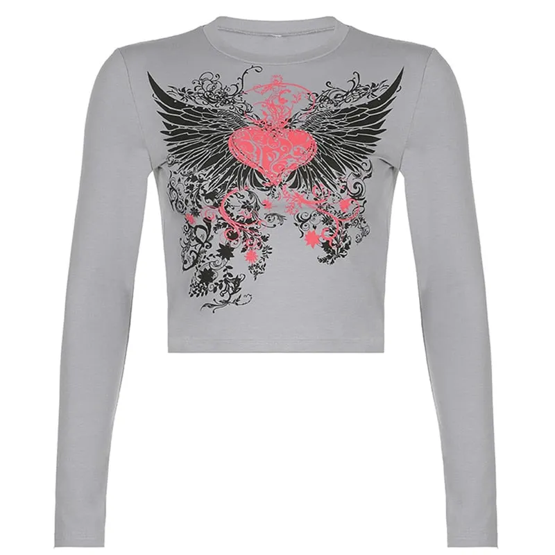 Xingqing Rhinestone Crop Tops Graphic Print Y2K Grunge Clothes Aesthetic Fairycore Retro Tee Vintage Harajuku Cute Tshirts