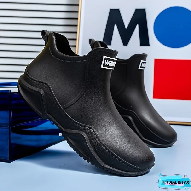Men's Solid Color Classic Slip On Waterproof Rain Boots, Comfy Non Slip Durable Casual Water Shoes For Men's Outdoor Activities