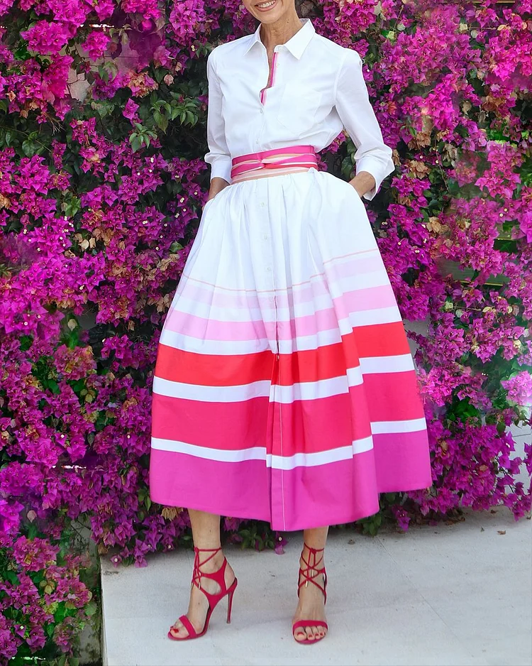 Women's Lapel Button Stripe Dress