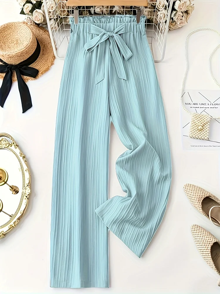 Women's Light Blue Wide-Leg Pants With Drawstring Waist - Casual Polyester Trousers For All Seasons, Comfortable And Stylish, Allseason Trousers | Wideleg Fashion | Smooth Texture
