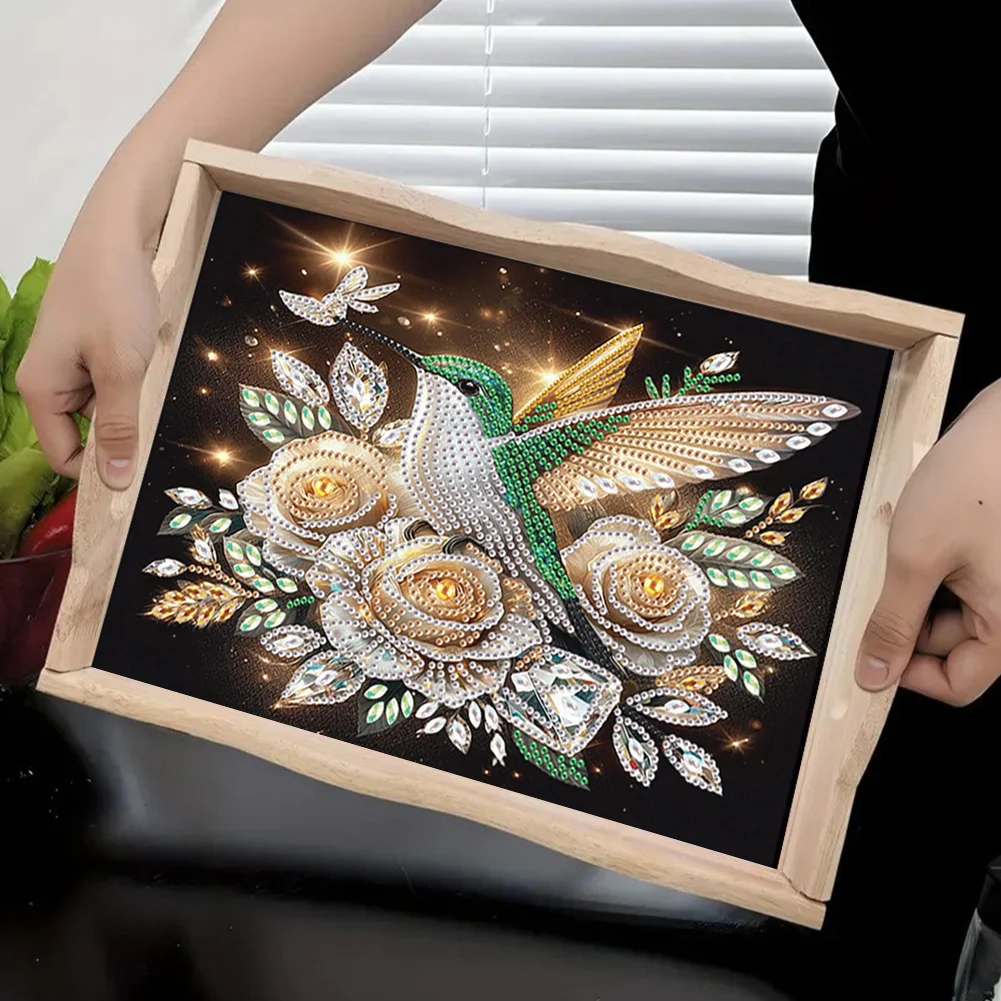 5D DIY Flower Hummingbird Diamond Painting Wooden Serving Tray with Handle for Desk